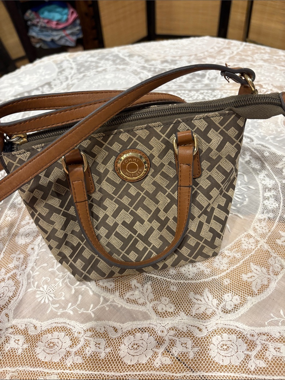 Tommy Hilfiger Brown and Tan Mini Signature Crossbody